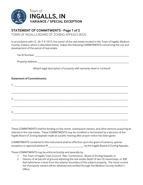 First page of the Variance or Special Exception Statement of Commitments