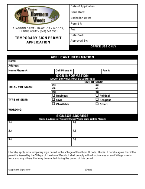 First page of the Temporary Sign Permit Application