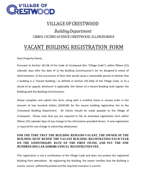 First page of the Vacant Building Registration Form
