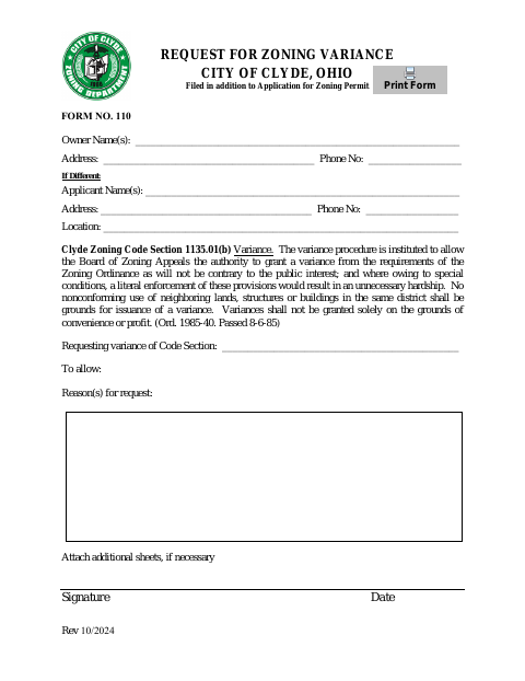 First page of the Request for Zoning Variance
