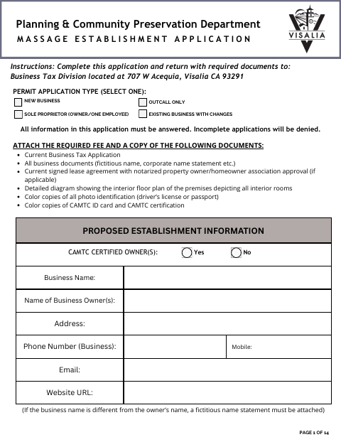 First page of the Massage Establishment Application