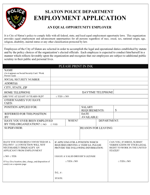 First page of the Police Department Employment Application