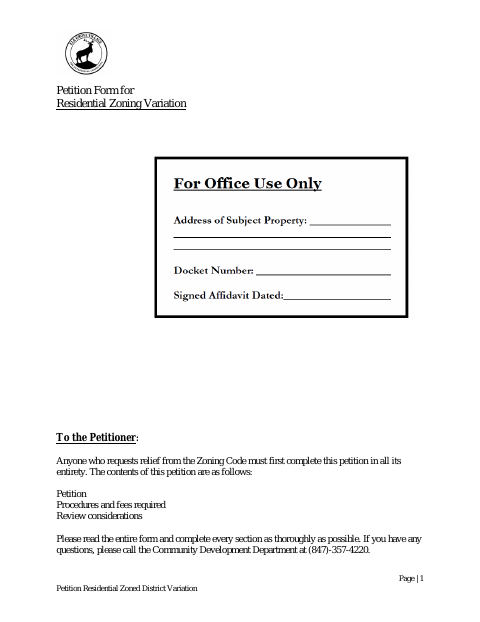 First page of the Petition for Residential Zoned District Variation