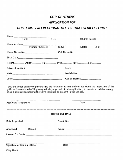 First page of the Golf Cart Permit Application