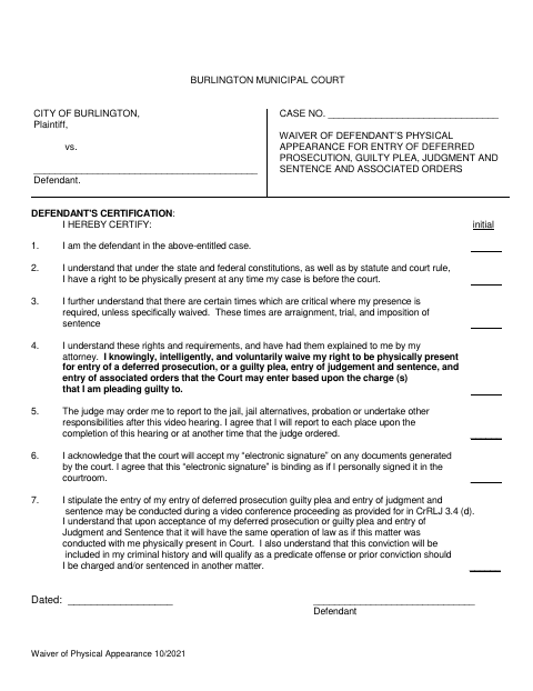 First page of the Waiver of Physical Appearance