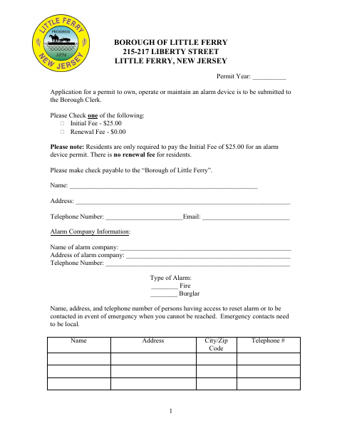 First page of the Residential Alarm Permit Application