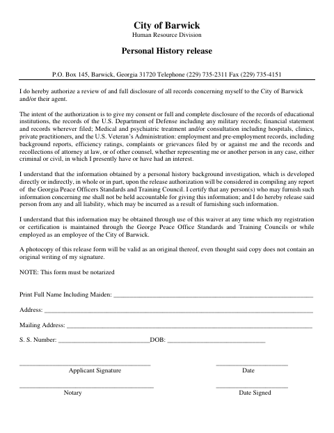 First page of the Personal History Release