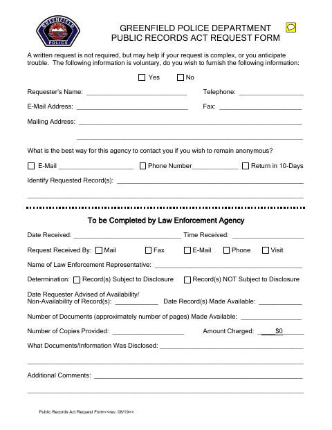 First page of the Public Records Act Request Form