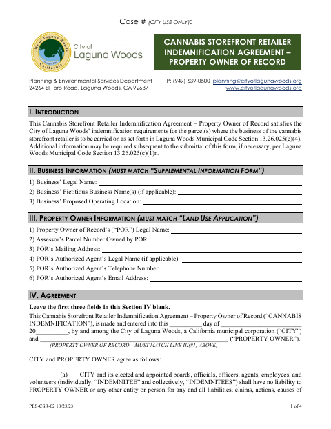 First page of the Cannabis Storefront Retailer Indemnification Agreement – Property Owner of Record