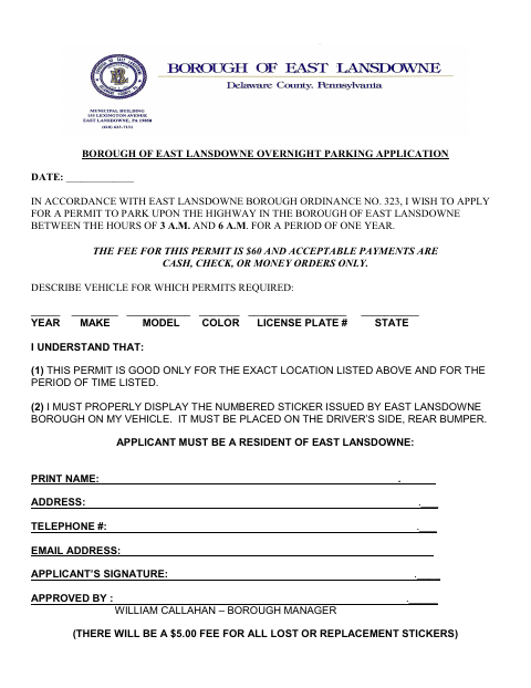 First page of the Overnight Parking Application
