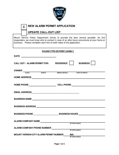 First page of the New Alarm Permit Application