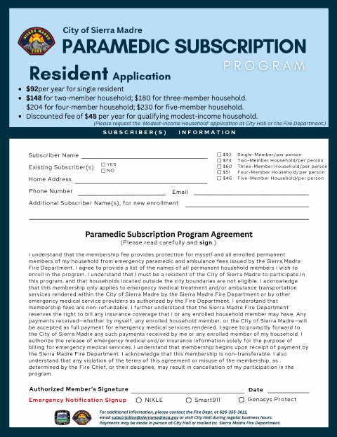 First page of the Paramedic Subscription Program (Residential)