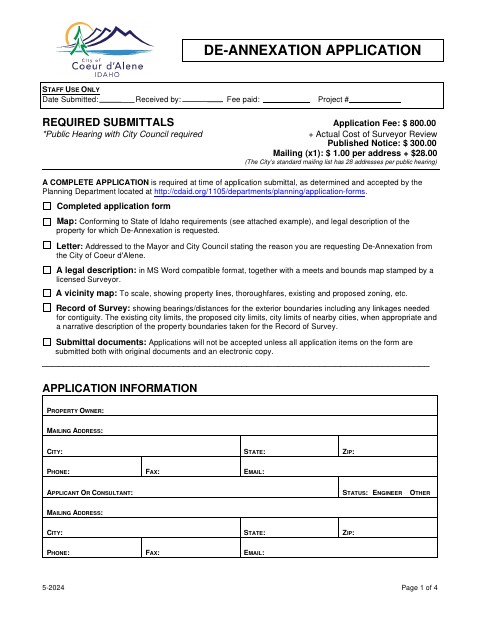 First page of the De-Annexation Application