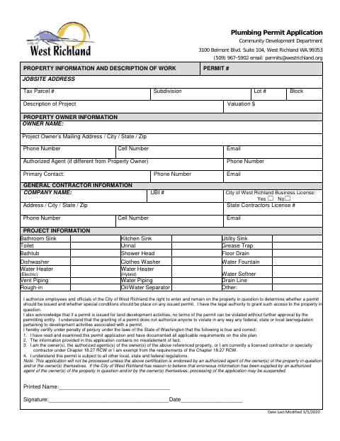 First page of the Plumbing Permit Application