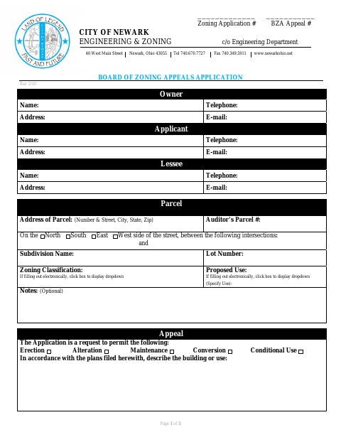 First page of the Board of Zoning Appeals Application