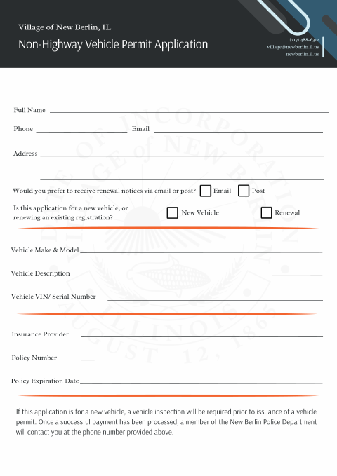 First page of the Non-Highway Vehicle Permit Application