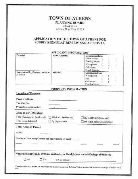 First page of the Subdivision Plat Review and Approval Application