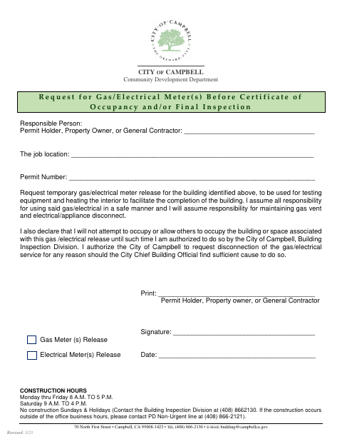 First page of the Request for Gas/Electrical Meters Before Certificate of Occupancy or Final Inspection