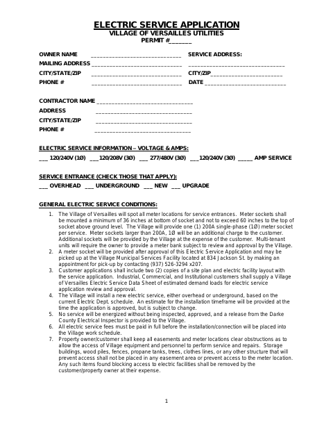 First page of the Electric Service Application