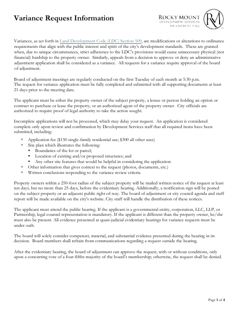 First page of the Variance Request Application