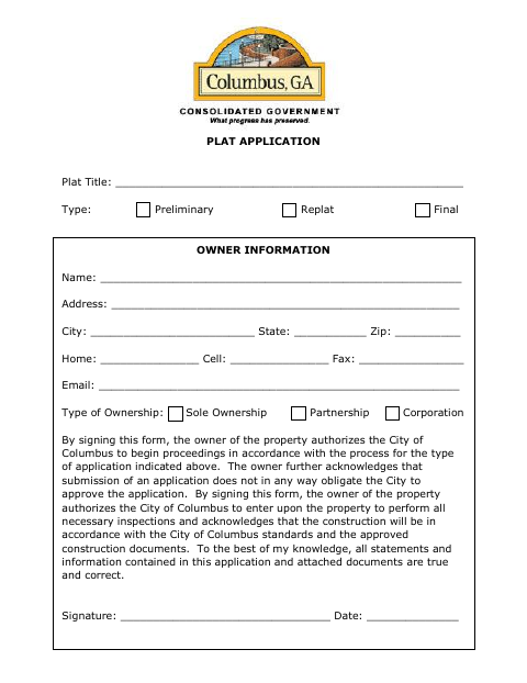First page of the Plat Application