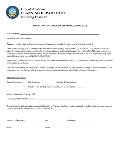 First page of the Temporary Use and Occupancy (TCO) Application