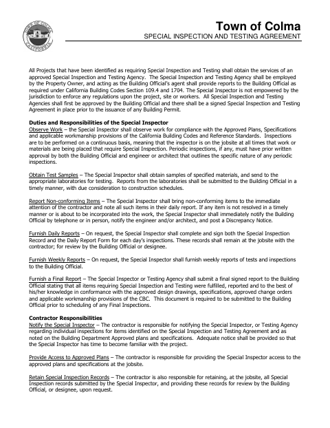 First page of the Special Inspection and Testing Agreement
