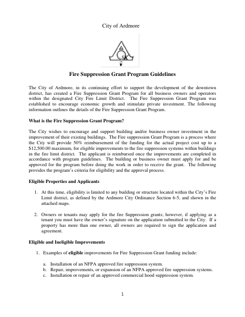 First page of the Fire Suppression Grant Application