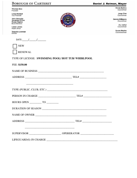 First page of the Swimming Pool/Hot Tub License