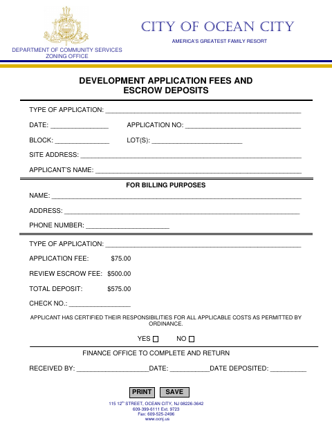 First page of the Development Application Fees and Escrow Deposits