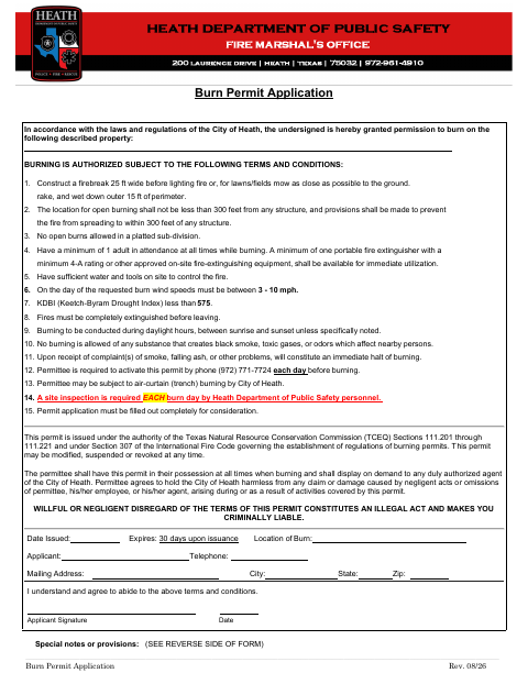 First page of the Burn Permit Application