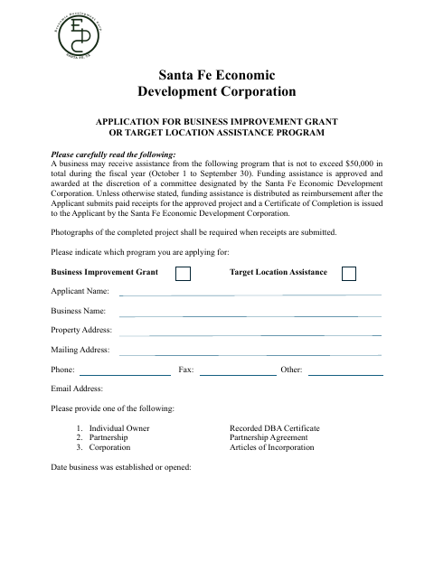 First page of the Business Improvement Grant Application