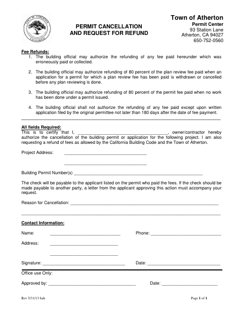 First page of the Permit Cancellation and Request for Refund