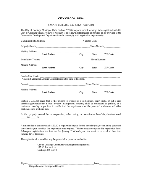First page of the Vacant Property Registration Form