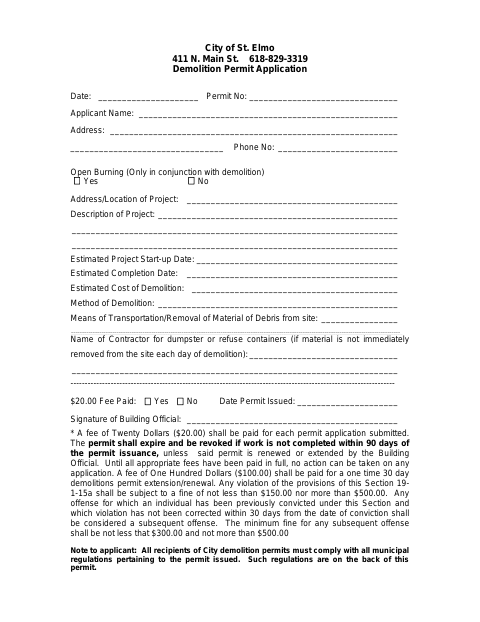 First page of the Demolition Permit Application