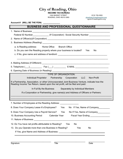 First page of the Business and Professional Questionnaire