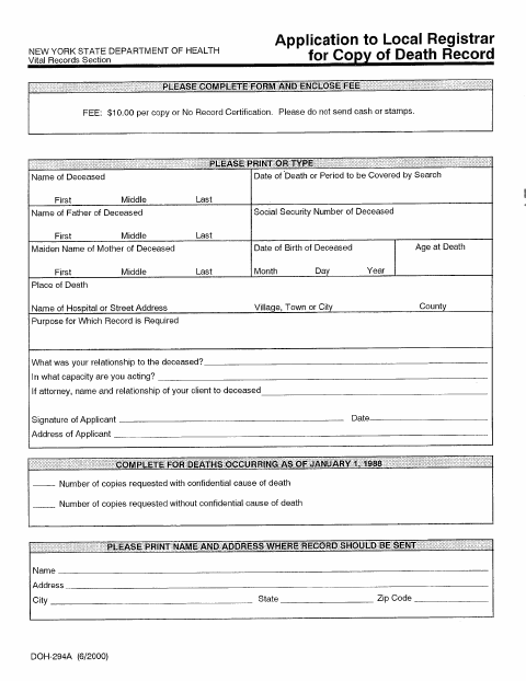 First page of the Death Certificate Request to Local Registrar