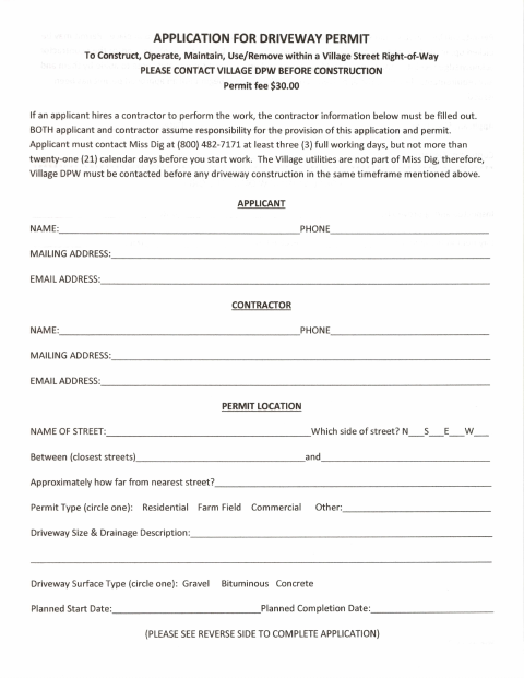 First page of the Application for Driveway Permit