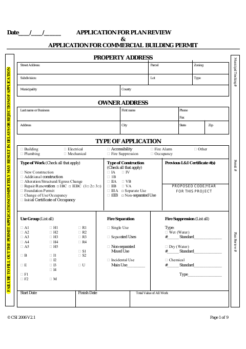 First page of the Plan Review and Commercial Building Permit Application