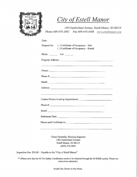 First page of the Certificate of Occupancy Application