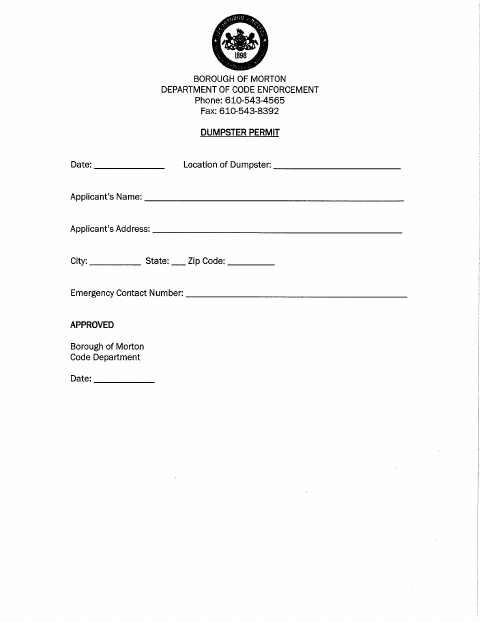 First page of the Dumpster Permit
