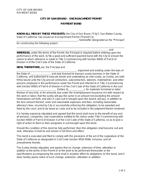 First page of the Encroachment Permit Payment Bond