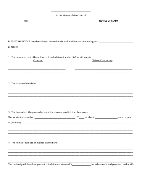 First page of the Notice of Claim Form
