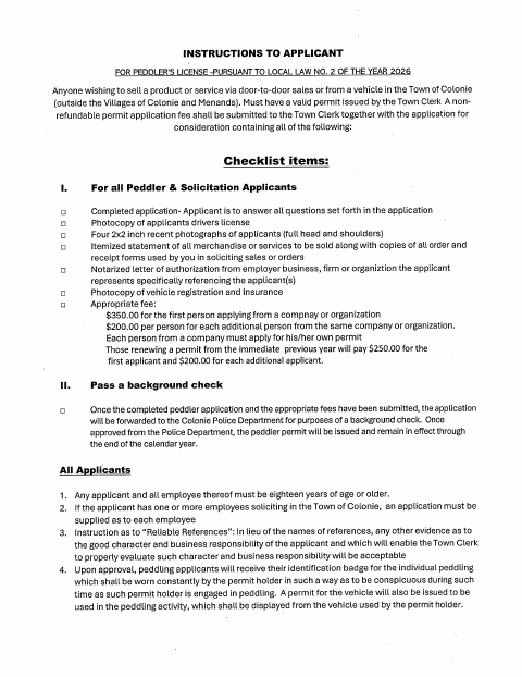 First page of the Peddling / Solicitation License Application