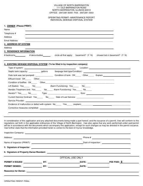 First page of the Operating Permit—Maintenance Report for Individual Sewage Disposal System