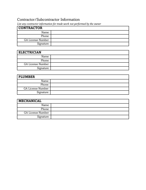 First page of the Contractor/Subcontractor Information