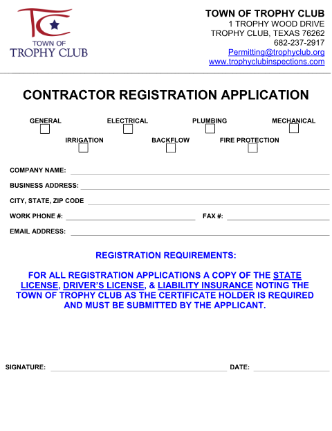 First page of the Contractor Registration Application