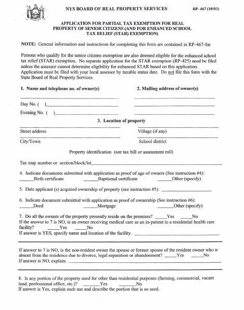 First page of the Application for Partial Tax Exemption for Real Property of Senior Citizens and Enhanced STAR Exemption