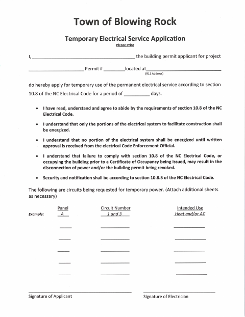 First page of the Temporary Electrical Service Application