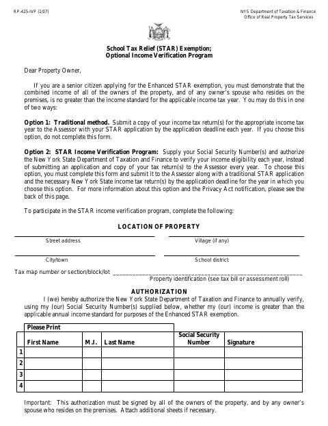 First page of the STAR Income Verification Program Authorization